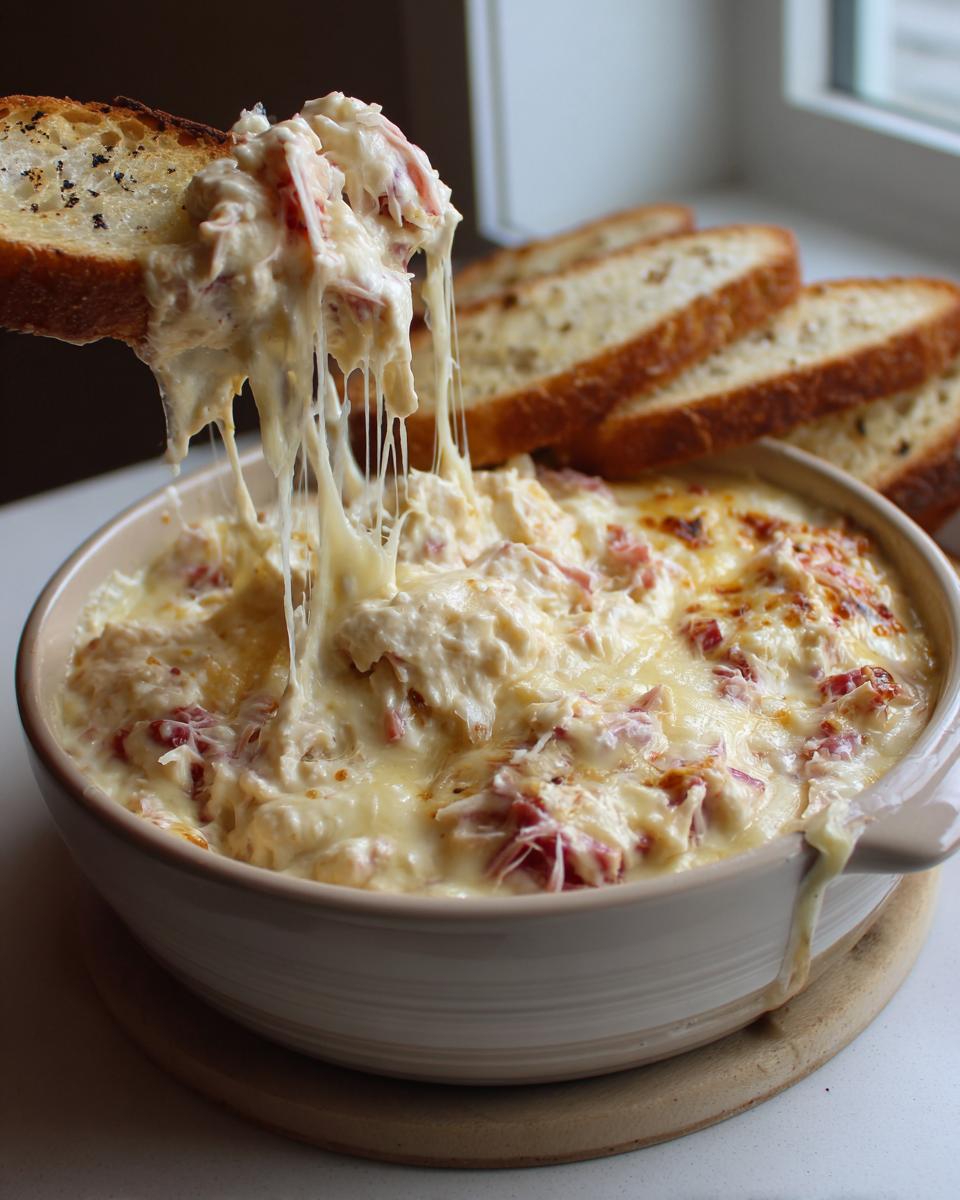 A piece of toasted bread is dipped into a bowl of hot, cheesy Reuben dip, showing extreme cheese pull.