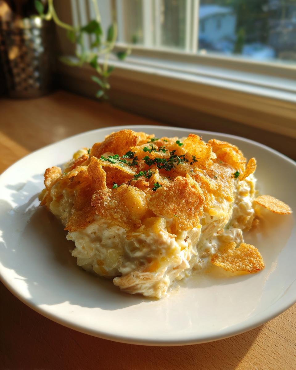 A serving of creamy hot chicken salad topped with golden, crunchy cornflakes and fresh parsley garnish.