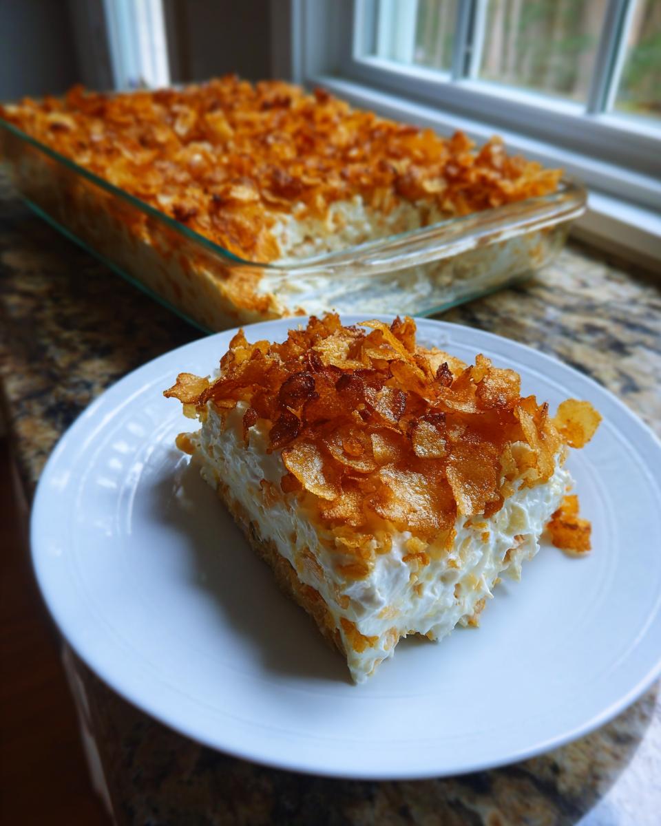 A square serving of creamy hot chicken salad topped with a thick layer of toasted cornflakes.