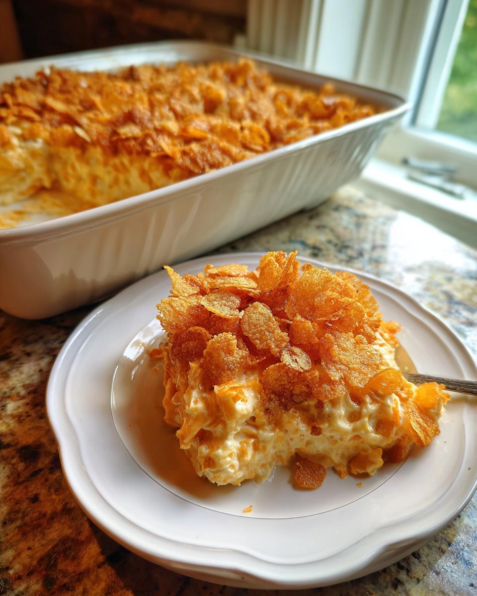 A serving of creamy hot chicken salad topped generously with crunchy, toasted cornflakes on a white plate.
