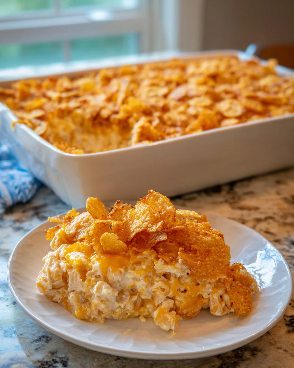A serving of creamy hot chicken salad topped with golden cornflakes on a white plate.