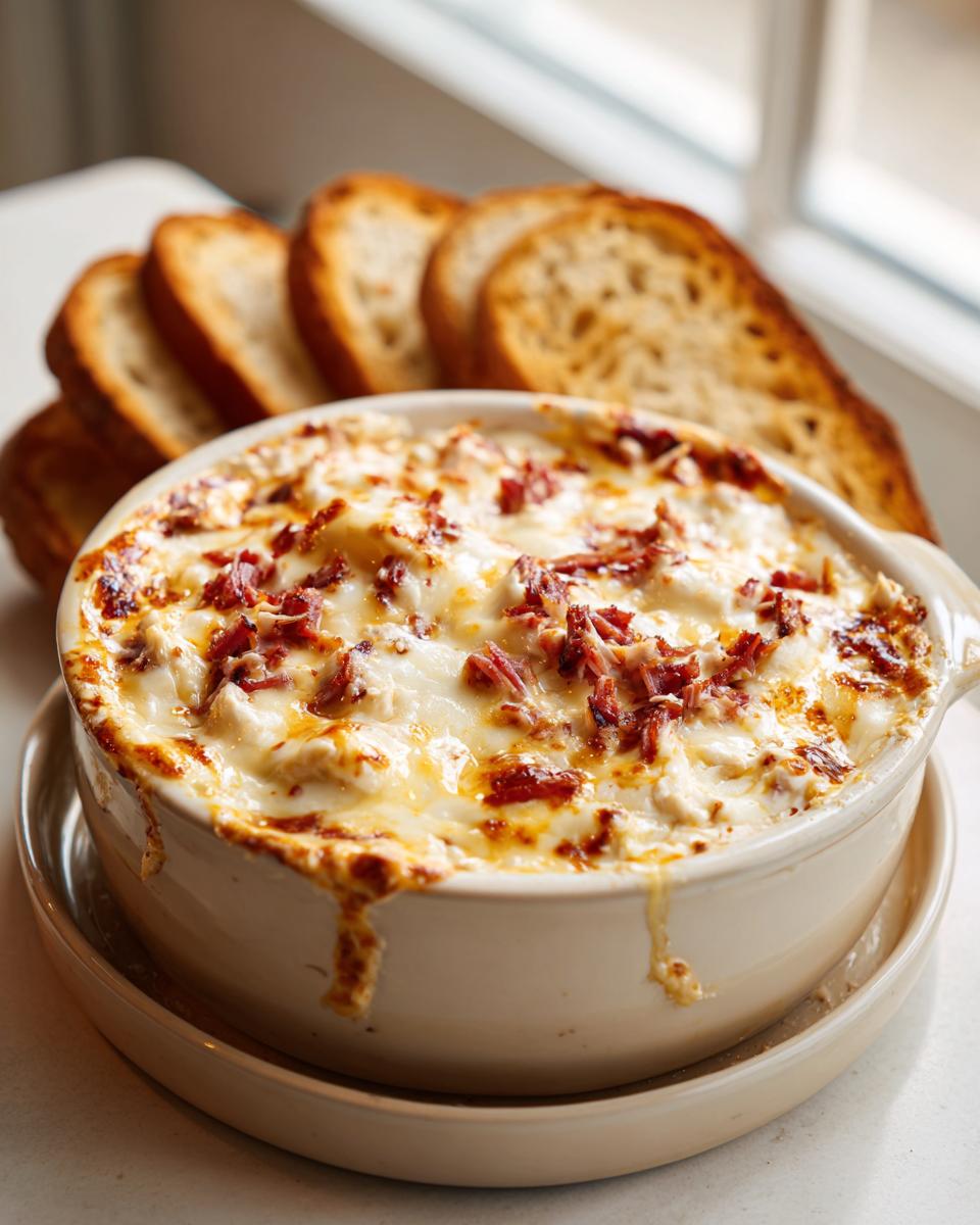 Close-up of a bubbling, cheesy Reuben dip served hot in a ceramic bowl with toasted rye bread slices nearby.