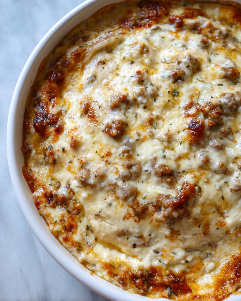 Close-up of bubbly, baked sausage cream cheese dip topped with melted cheese and herbs in a white dish.