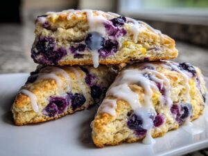 Close-up of three stacked lemon blueberry scones drizzled generously with white glaze.