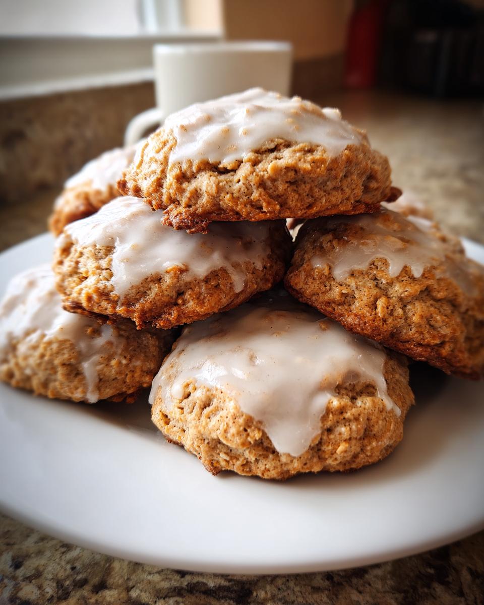 A close-up stack of freshly baked iced oatmeal cookies topped with a thick, white vanilla glaze.