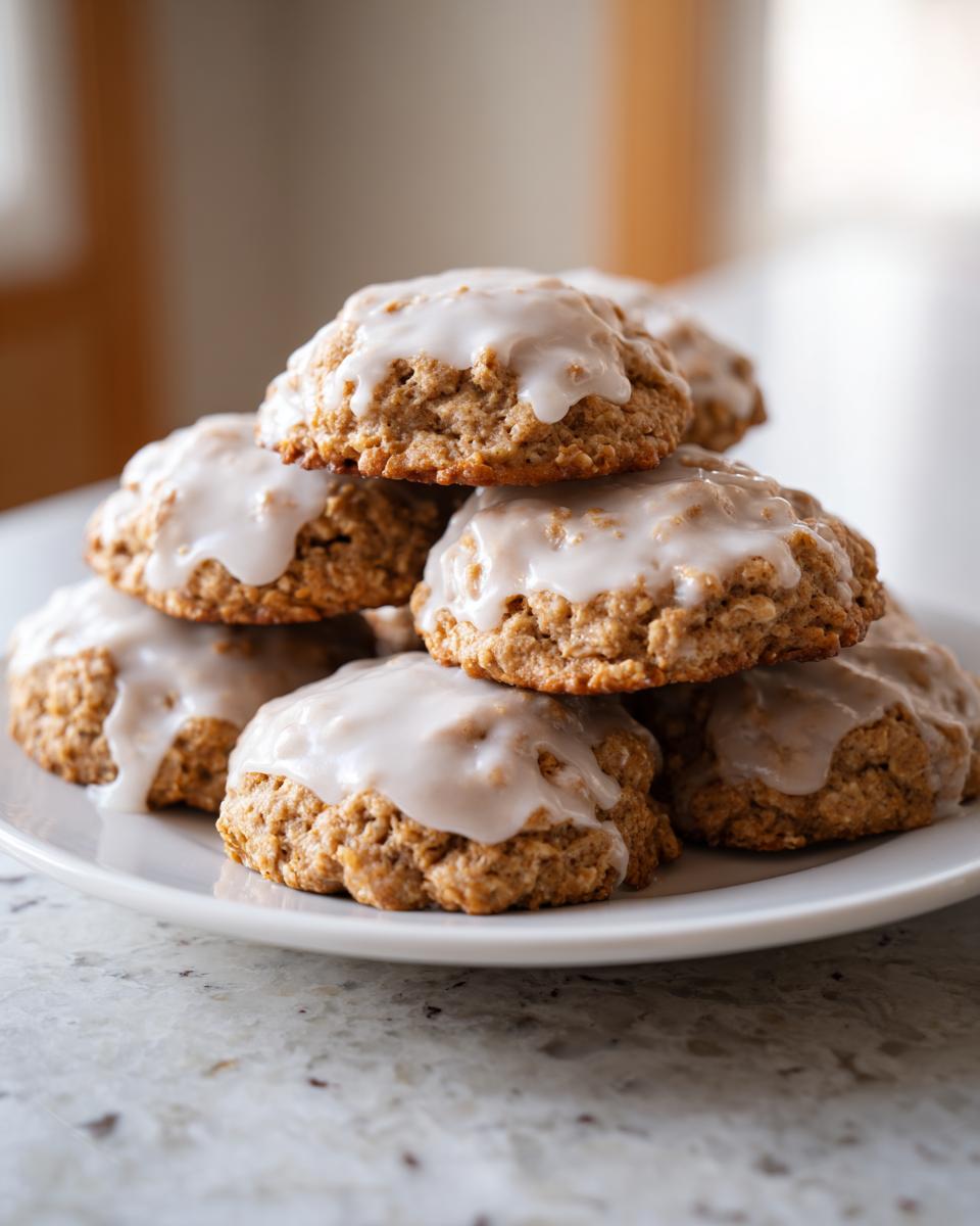 A tempting stack of freshly baked iced oatmeal cookies topped with a thick, white vanilla glaze.