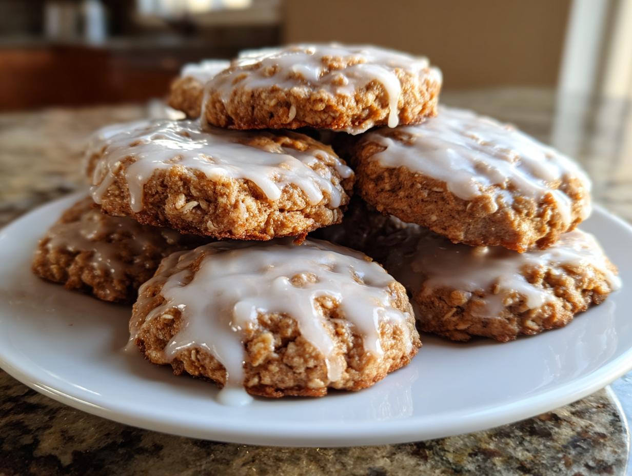 A close-up stack of delicious iced oatmeal cookies with thick white glaze drizzled over them.