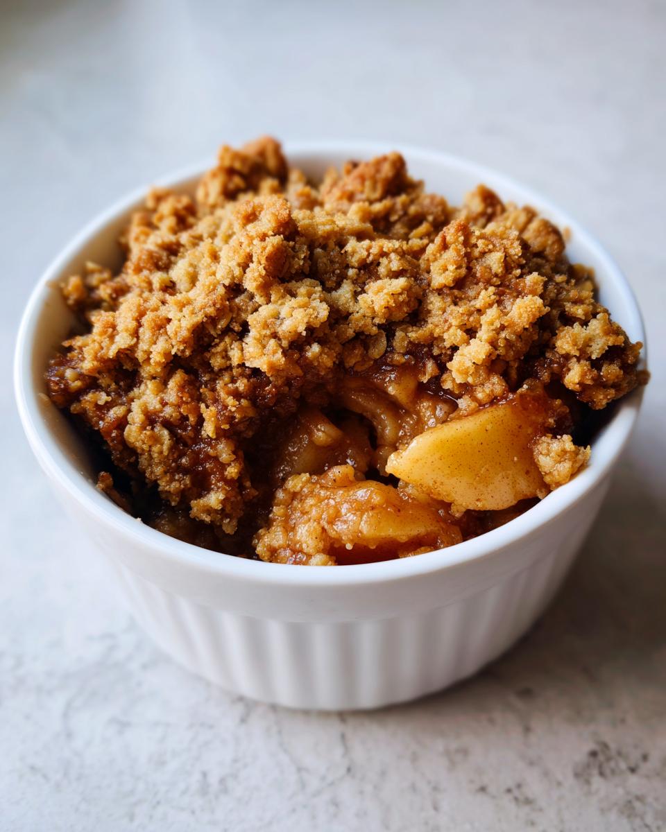 Close-up of a single serving of baked apple crumble in a white ramekin, showing caramelized apples and crunchy topping.