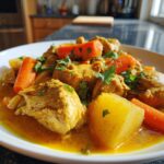 A close-up bowl of vibrant Jamaican curry chicken stewed with large chunks of carrots and potatoes, garnished with parsley.