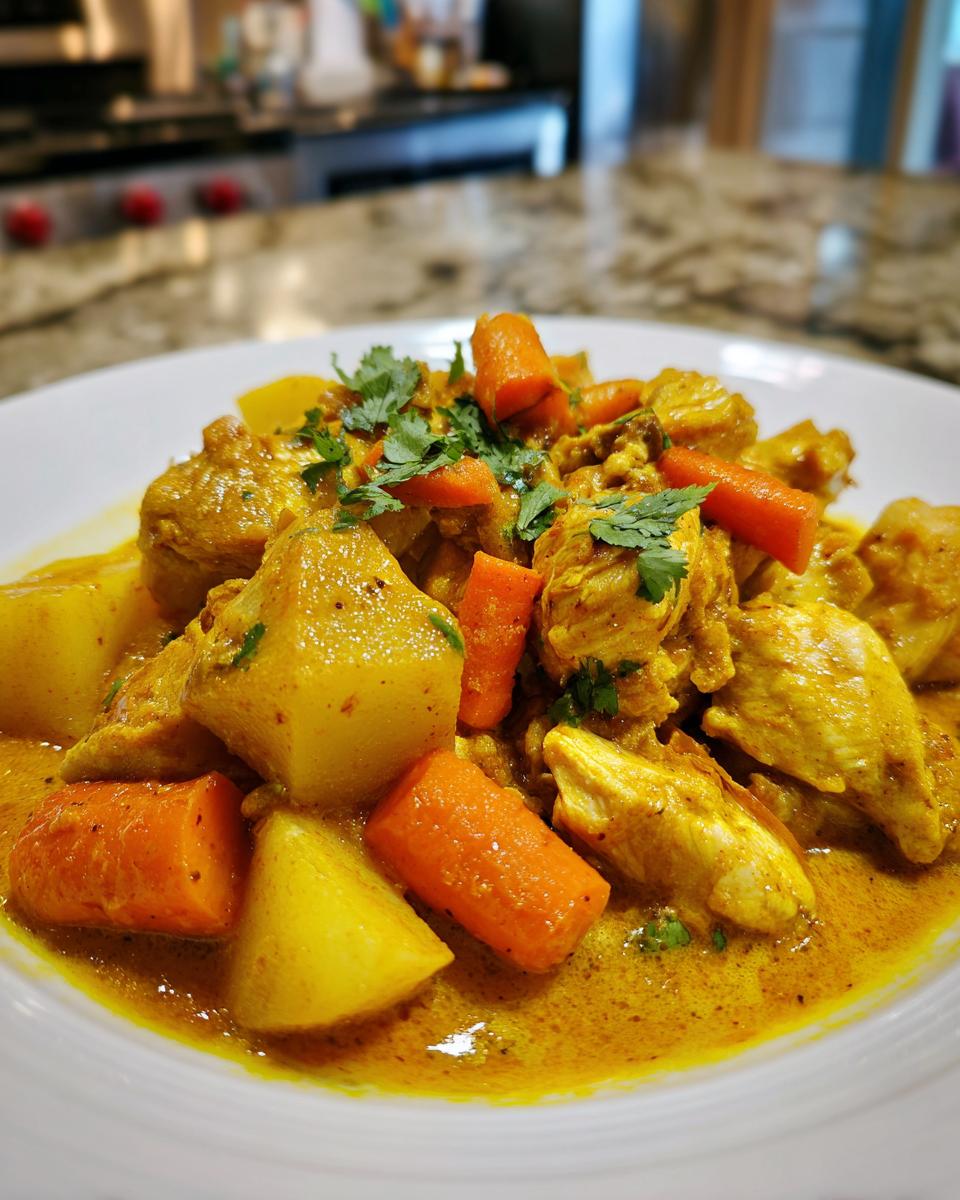 A close-up of a serving of vibrant, yellow Jamaican curry chicken with chunks of potato and carrot, garnished with cilantro.