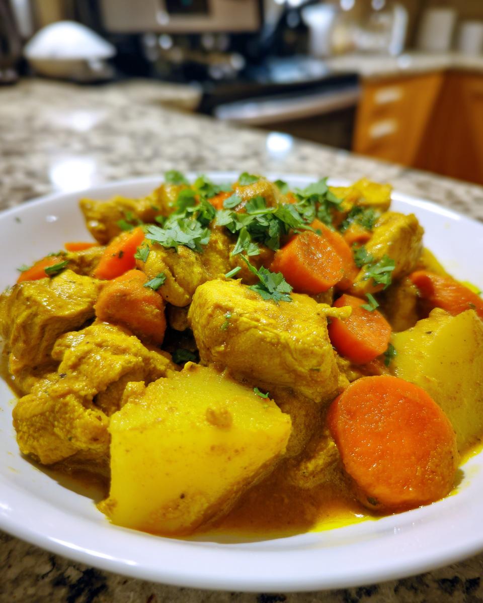 Close-up of a bowl filled with vibrant Jamaican curry chicken, chunks of potato, and sliced carrots, garnished with fresh cilantro.