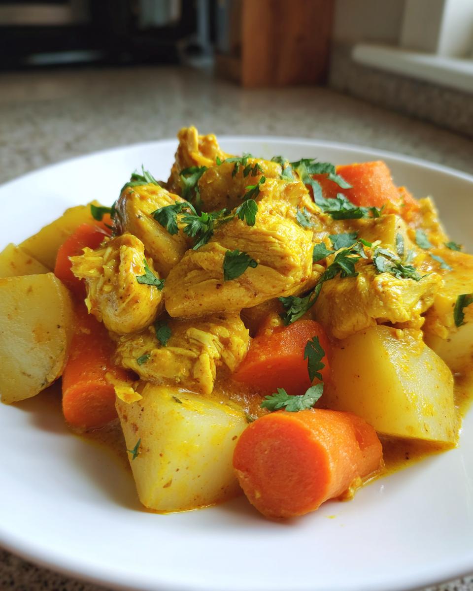 Close-up of a white bowl filled with vibrant Jamaican curry chicken, chunks of potato, and bright orange carrots, garnished with fresh parsley.