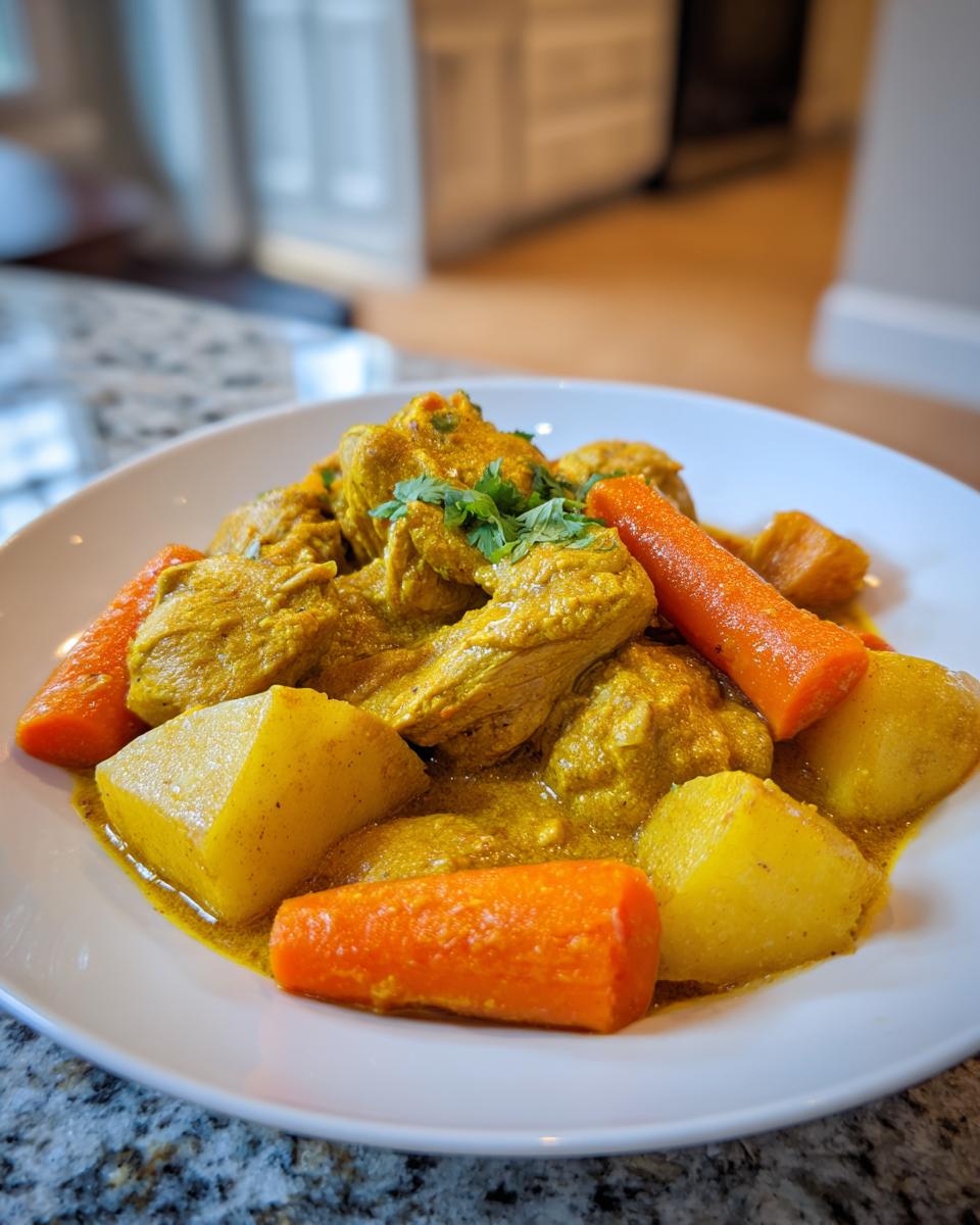 A close-up of a serving of vibrant yellow Jamaican curry chicken with chunks of potato and bright orange carrots.