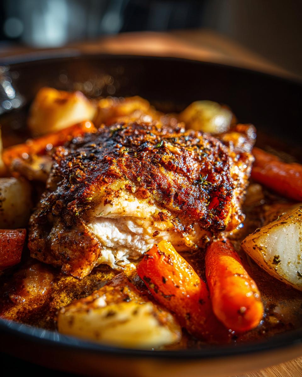 Close-up of a juicy, seasoned braised chicken thighs piece cut open, surrounded by roasted carrots and potatoes.