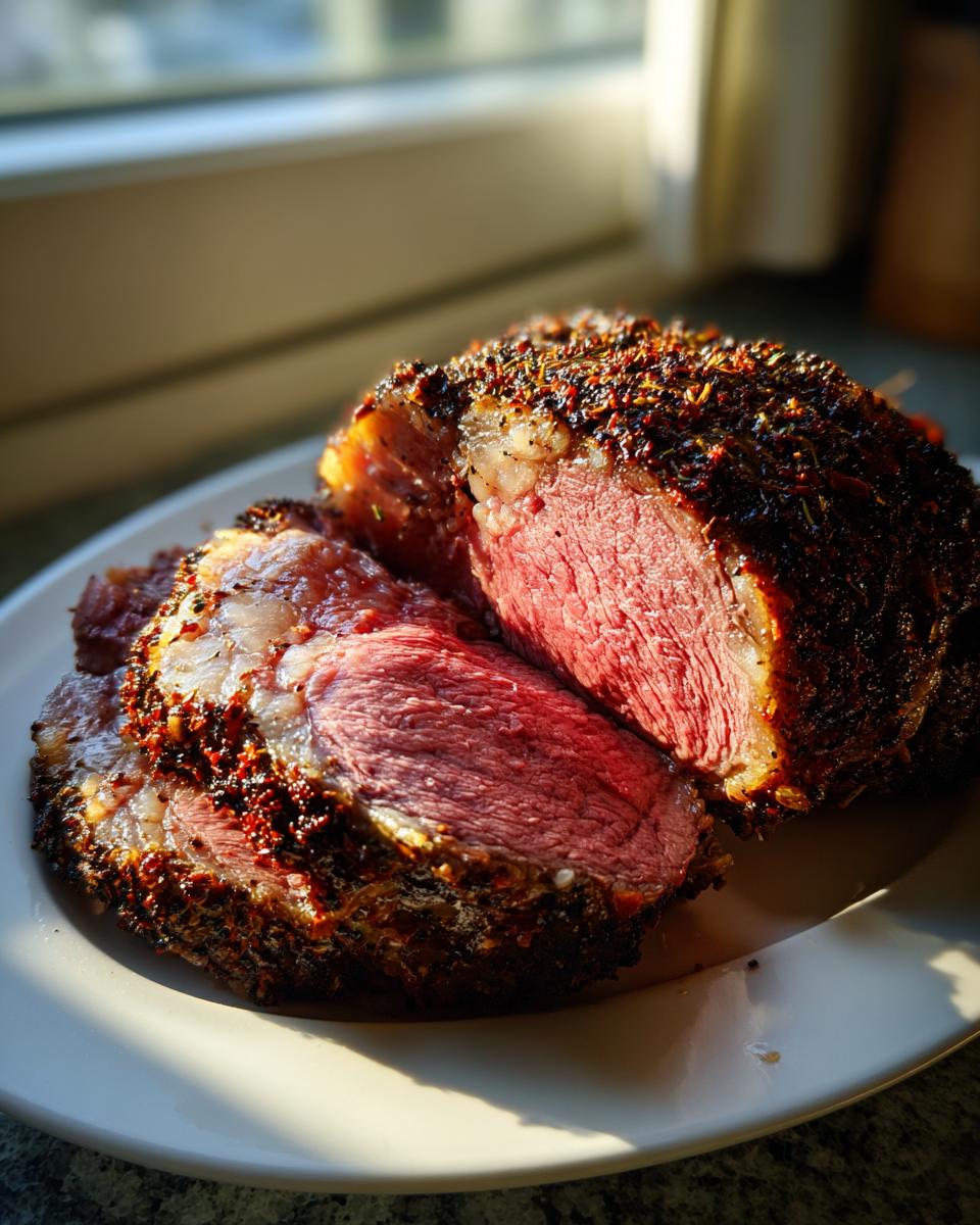 Close-up of a perfectly cooked prime rib recipe roast, sliced to reveal a juicy medium-rare center and dark herb crust.