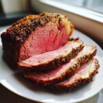 A beautifully cooked prime rib recipe roast, sliced to show its medium-rare center and heavily seasoned crust.