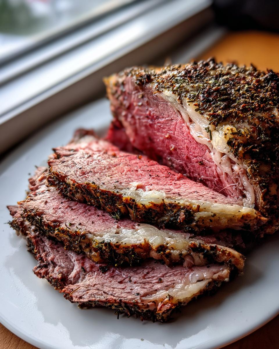 Close-up of thick slices from a juicy prime rib recipe roast, showing a perfect medium-rare center and herb crust.