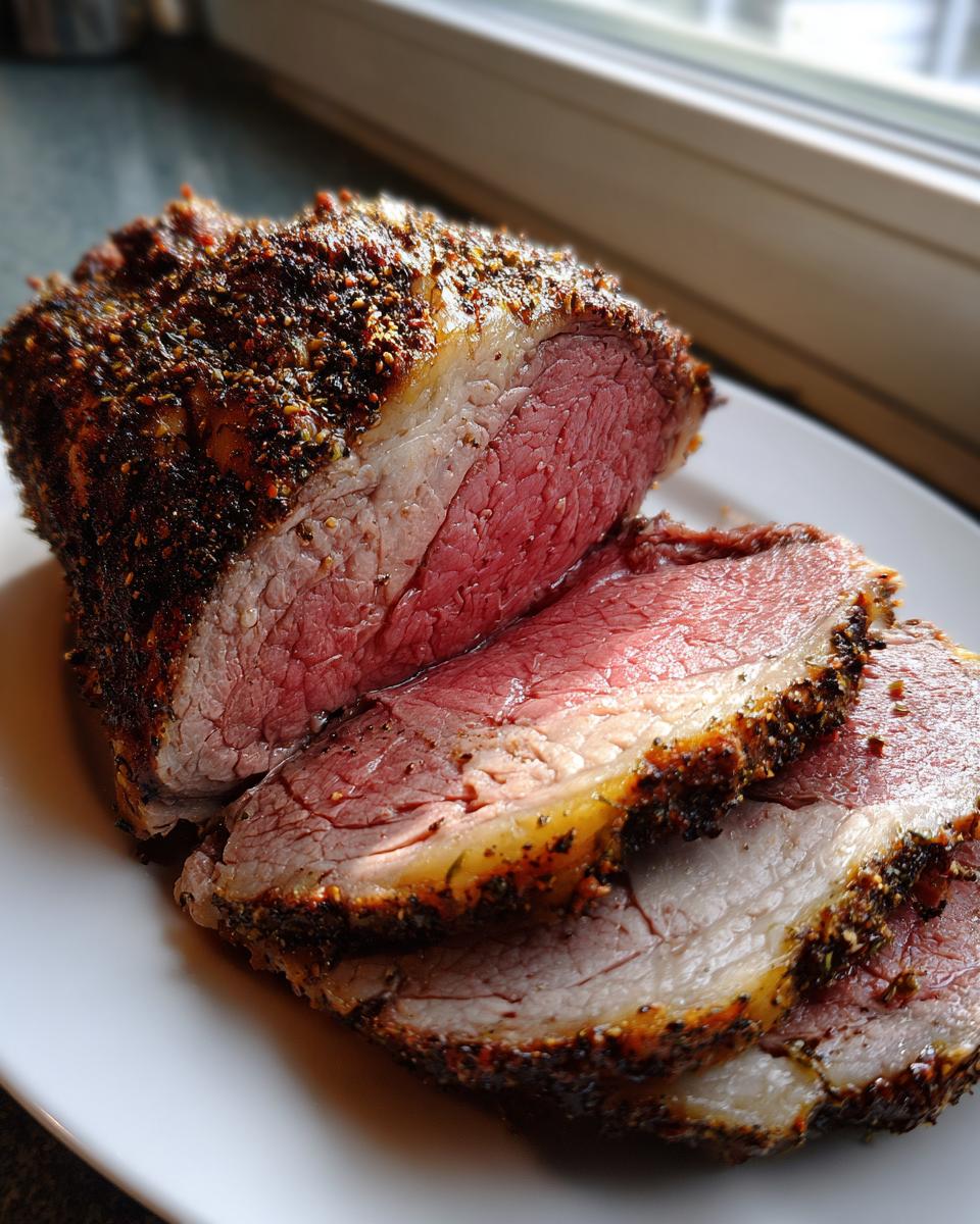 Close-up of a juicy prime rib recipe roast, sliced to show a perfect medium-rare center and seasoned crust.