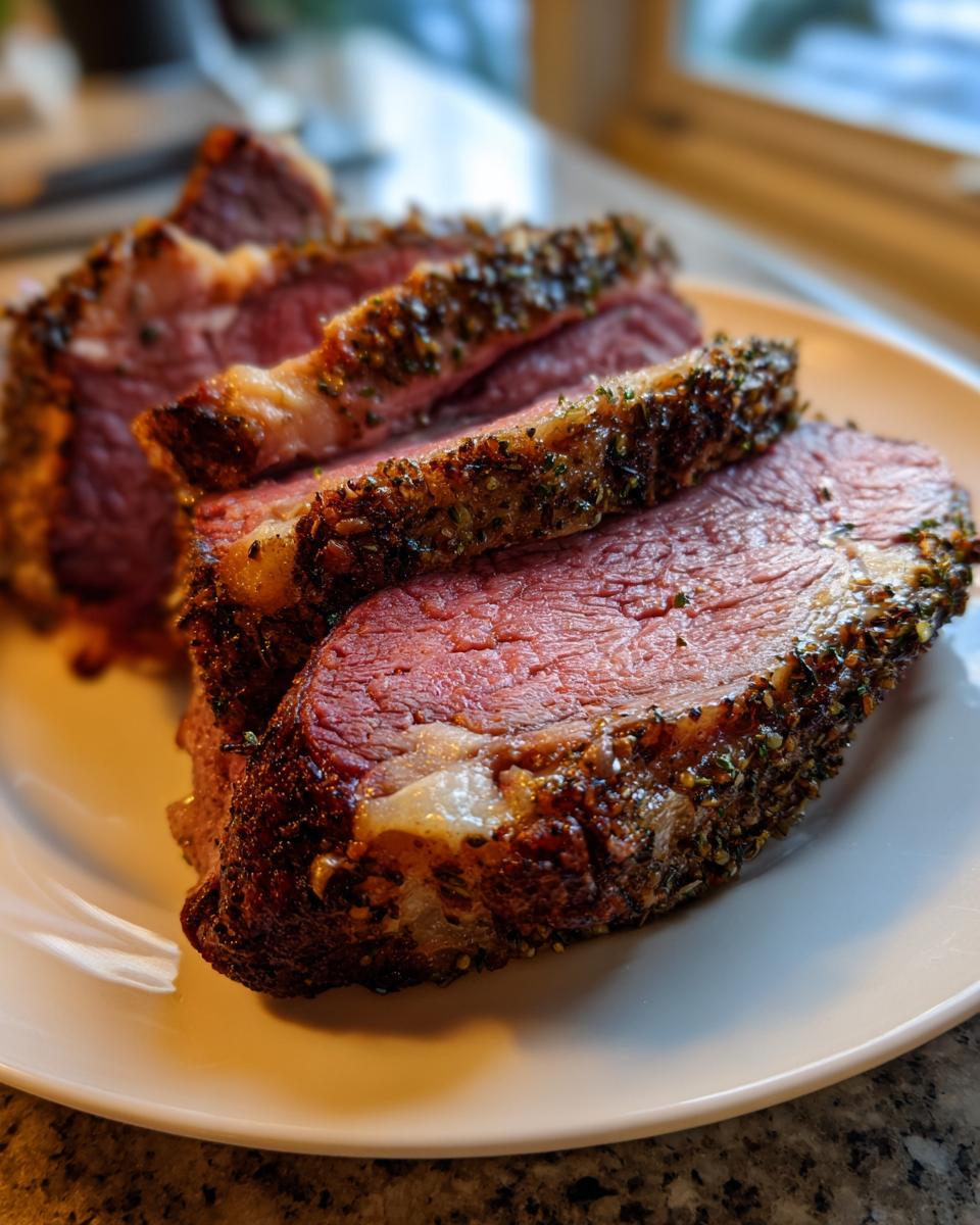 Close-up of three medium-rare slices of prime rib recipe roast with a dark herb crust on a white plate.