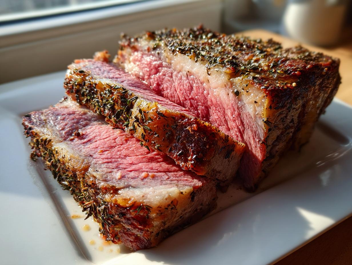 Close-up of a juicy, medium-rare prime rib recipe roast, sliced and crusted with herbs.