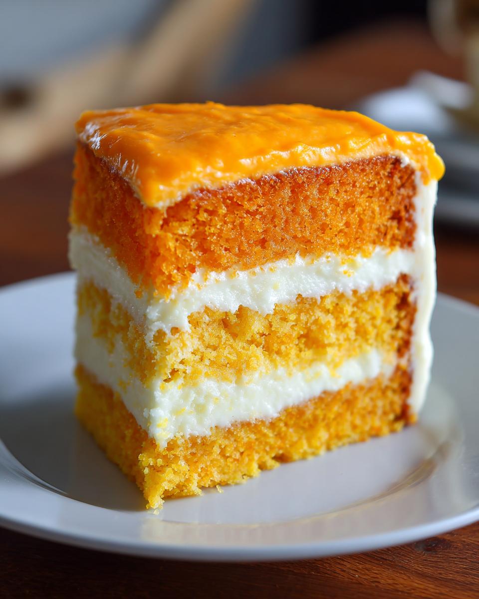 Close-up of a moist, layered Creamsicle Cake slice featuring orange cake and white cream filling.