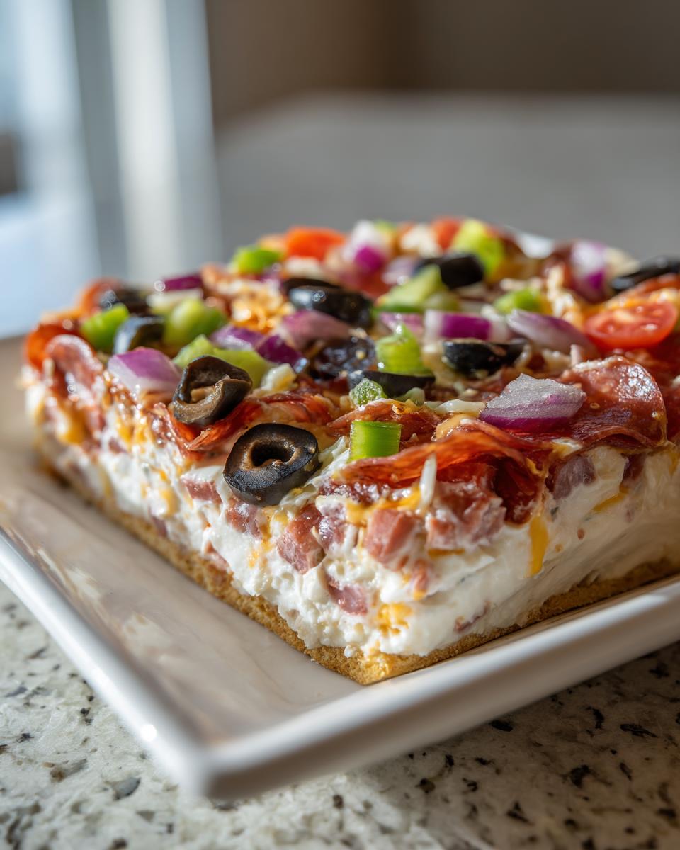 A thick, square slice of layered hoagie dip topped with pepperoni, black olives, red onion, and green peppers.