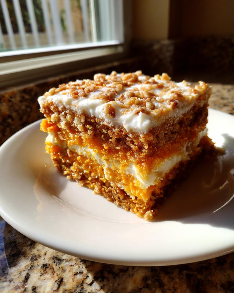 A layered slice of pumpkin crunch dessert with cream cheese frosting and a crunchy topping, served on a white plate.