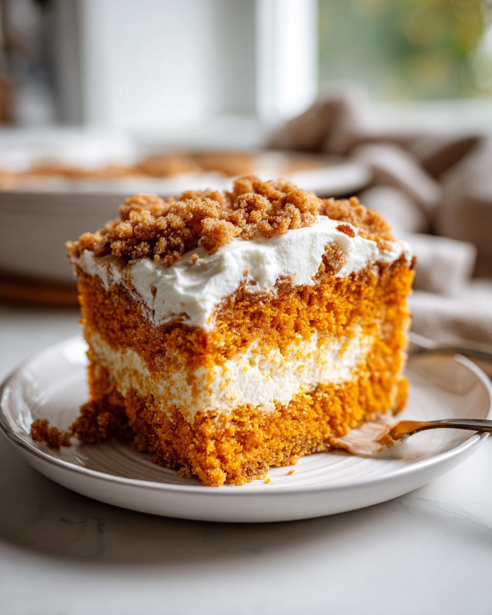 Close-up of a layered slice of pumpkin crunch cake with cream cheese filling and crumb topping.