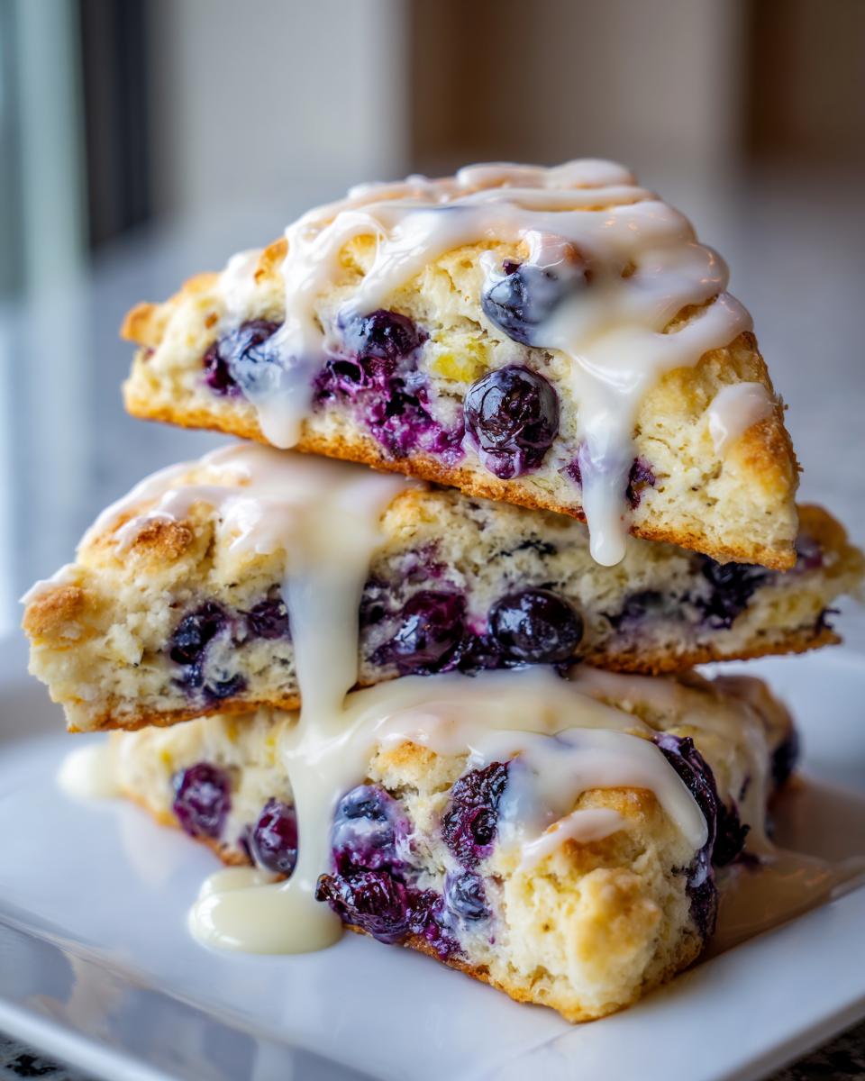 Three stacked lemon blueberry scones generously drizzled with a thick white glaze.
