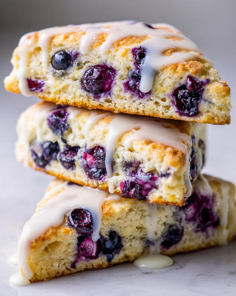 Close-up of three stacked, triangular lemon blueberry scones drizzled with thick white glaze.