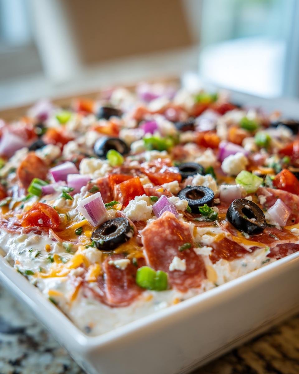 Close-up of a loaded hoagie dip topped with pepperoni, olives, red onion, and feta cheese in a square white dish.