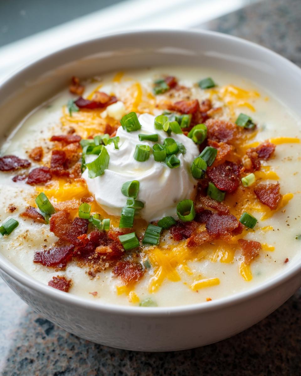 A close-up of creamy loaded baked potato soup topped with sour cream, shredded cheddar, bacon bits, and green onions.