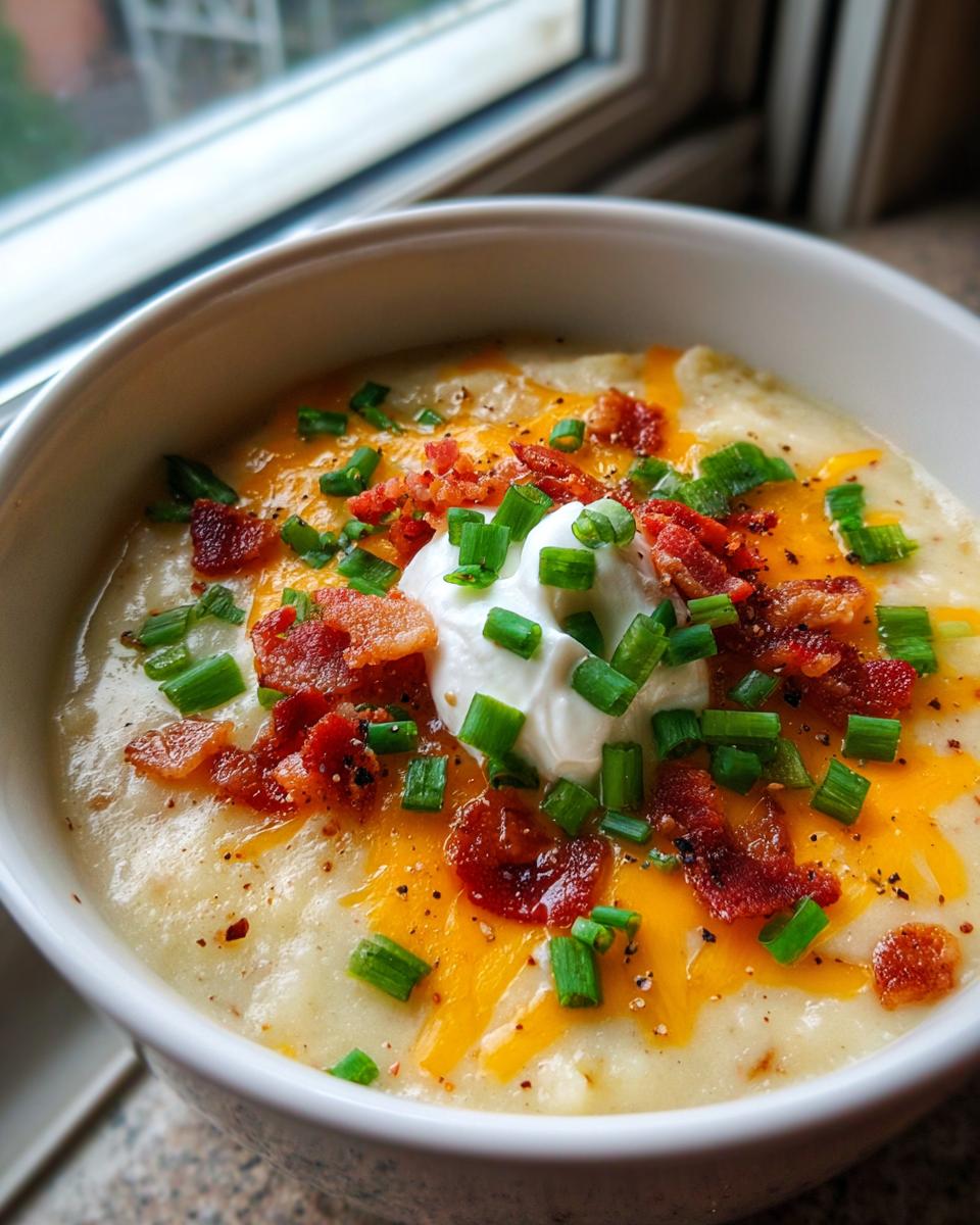 A close-up of a bowl of creamy loaded baked potato soup topped with shredded cheddar, bacon bits, sour cream, and chives.