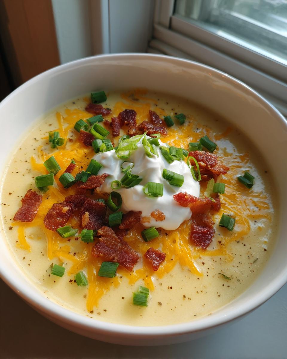 A creamy bowl of loaded baked potato soup topped with shredded cheddar, bacon bits, sour cream, and green onions.