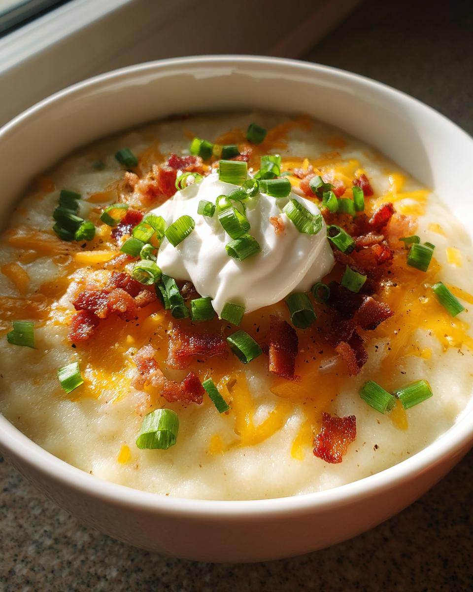 A close-up of creamy loaded baked potato soup topped with shredded cheddar, crispy bacon bits, sour cream, and fresh green onions.