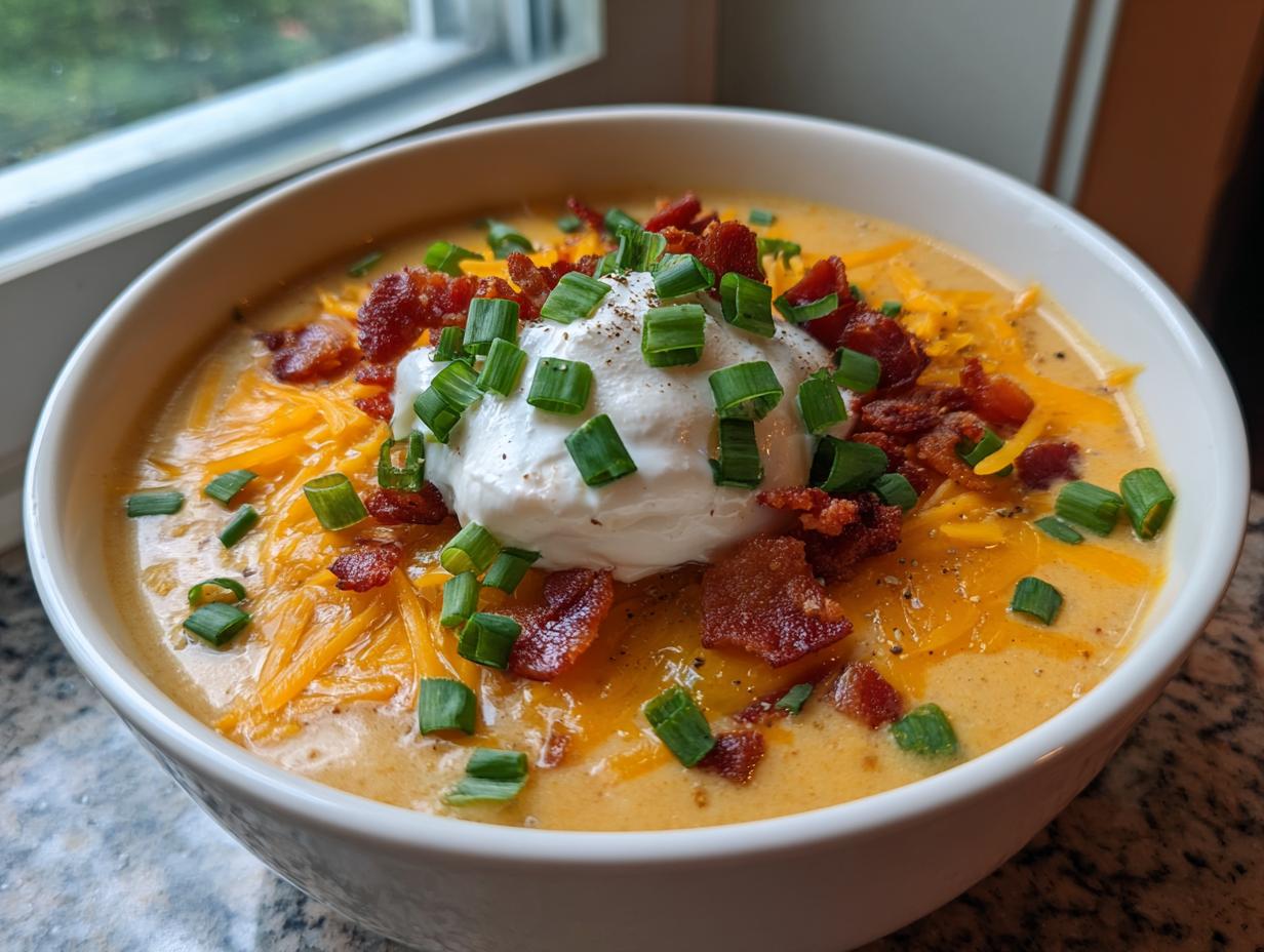 A close-up of a bowl of creamy loaded baked potato soup topped with shredded cheddar, bacon bits, sour cream, and fresh chives.