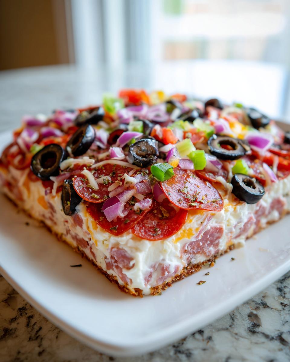 A thick, square slice of loaded hoagie dip topped with pepperoni, black olives, red onion, and peppers.