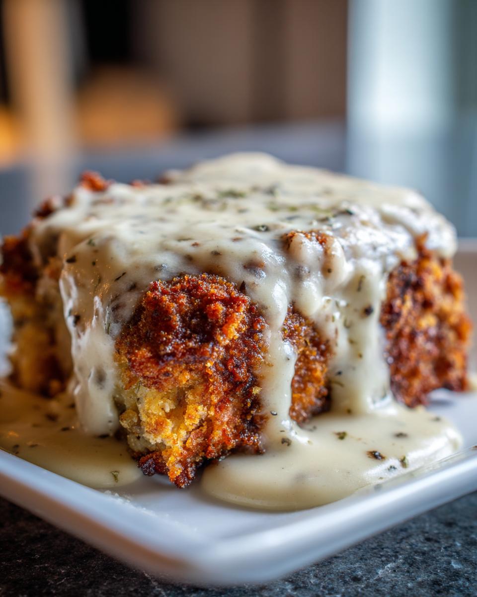 Close-up of a piece of crispy chicken fried steak smothered in white country gravy with herbs.