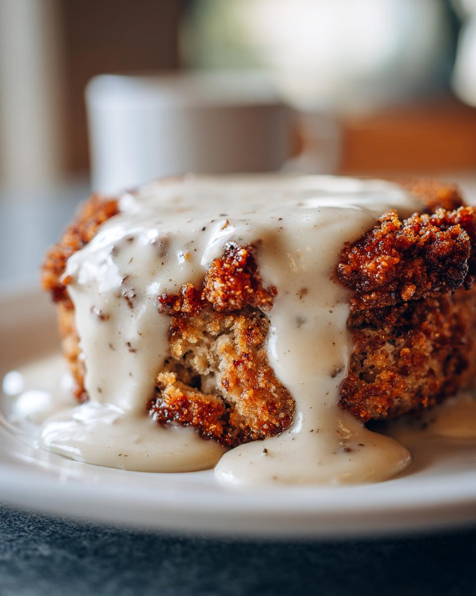 Close-up of a perfectly breaded chicken fried steak smothered in creamy, peppered white gravy.