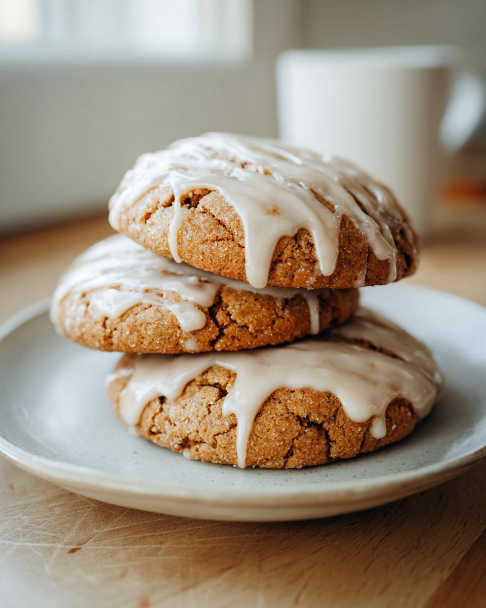 Three stacked maple brown sugar cookies topped with a thick, dripping vanilla glaze on a light plate.