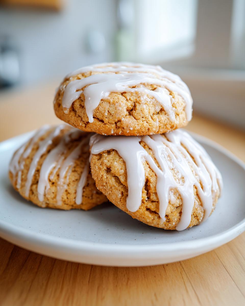Three delicious maple brown sugar cookies stacked on a light blue plate, drizzled with white icing.