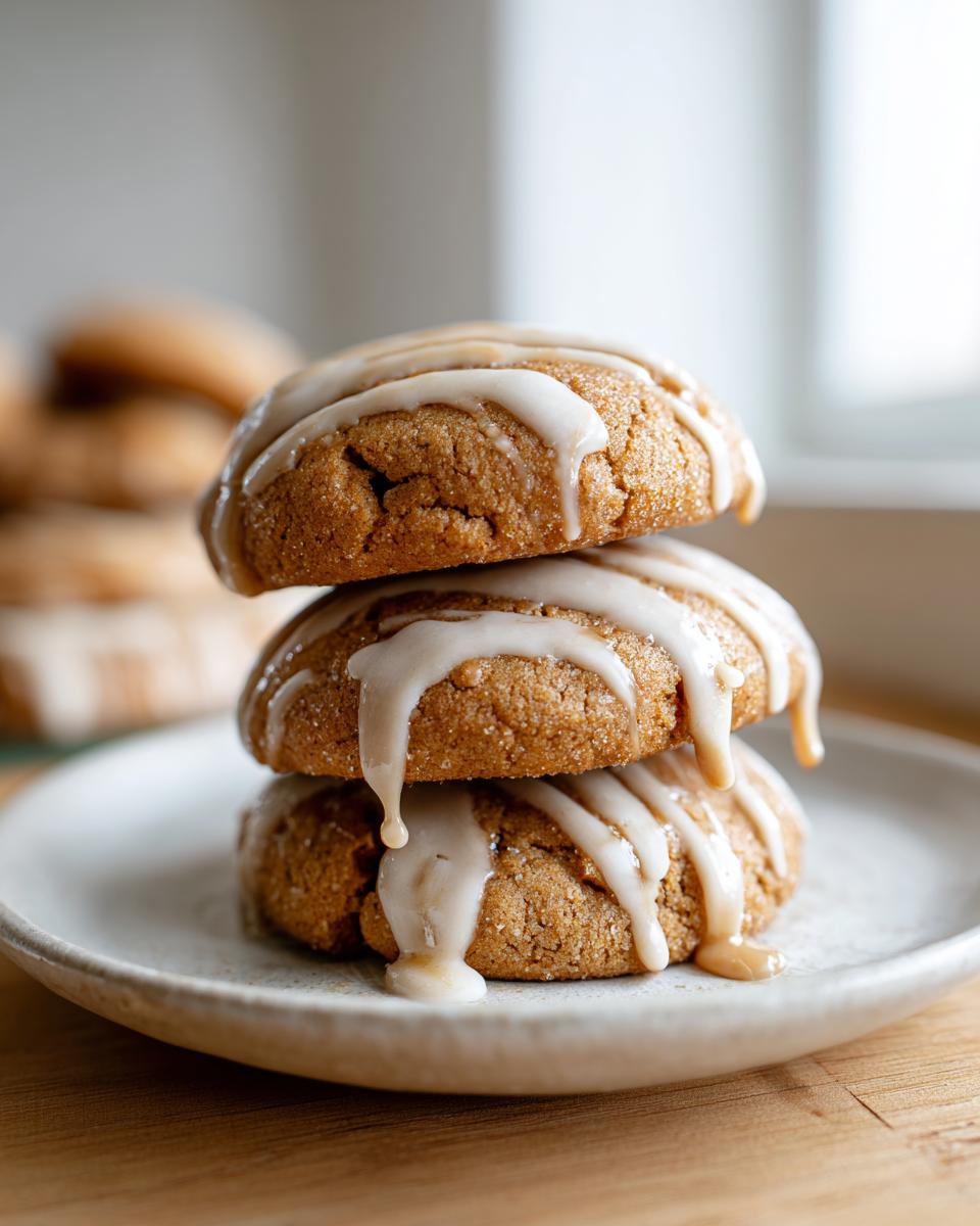 Three soft maple brown sugar cookies stacked and drizzled with a thick white glaze.
