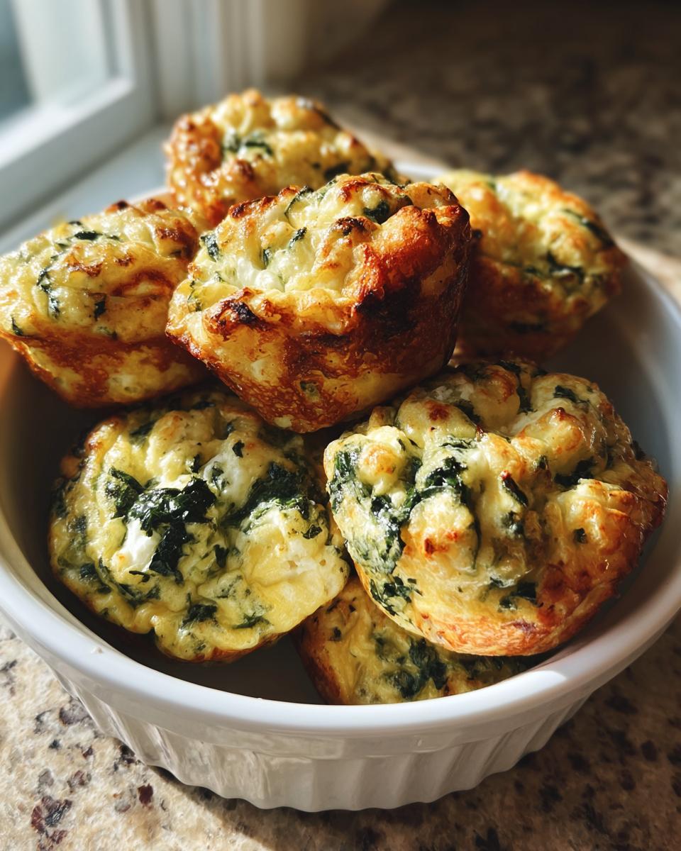 Close-up of several golden-brown spinach and cheese egg bites stacked in a white ceramic bowl.