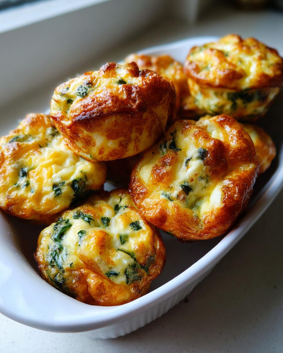 A close-up of several golden brown, baked egg bites with visible green spinach, piled in a white dish.