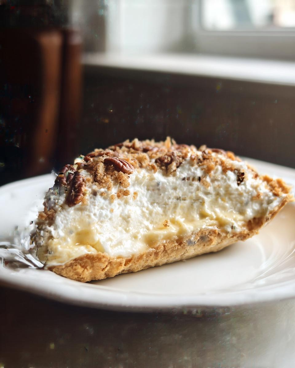 A close-up slice of creamy Million Dollar Pie on a white plate topped with pecans and crumbs.