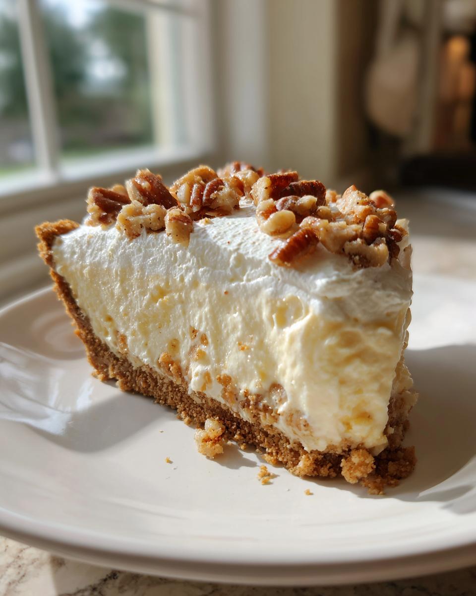 A thick slice of creamy Million Dollar Pie with a graham cracker crust, topped with whipped cream and toasted pecans.