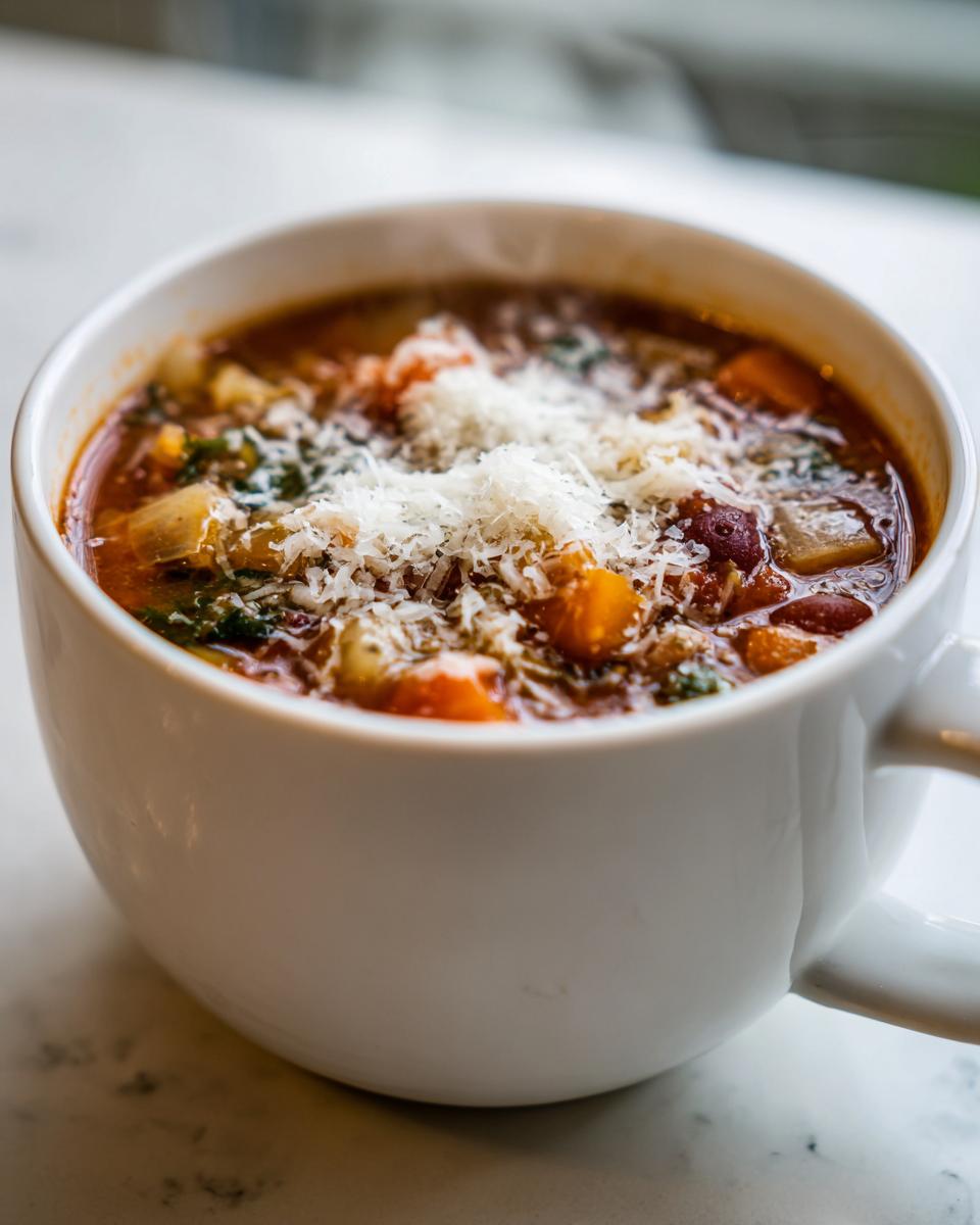 Close-up of a steaming white mug filled with rich minestrone soup, topped generously with grated Parmesan cheese.