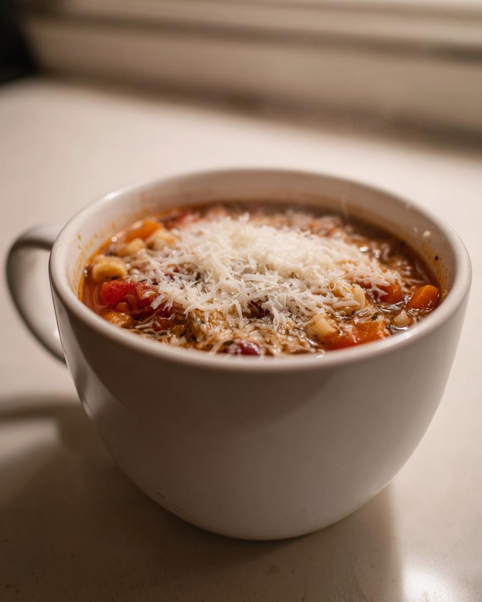 Close-up of a steaming white mug filled with hearty minestrone soup, topped generously with grated Parmesan cheese.