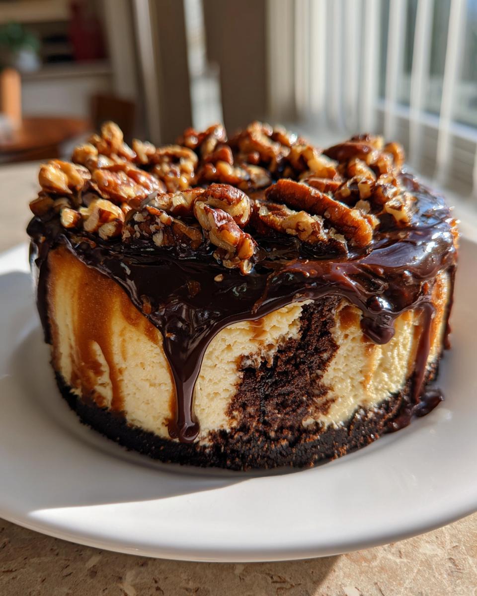 A close-up of a mini turtle cheesecake featuring a marbled chocolate base, creamy filling, dripping fudge, and toasted pecans.