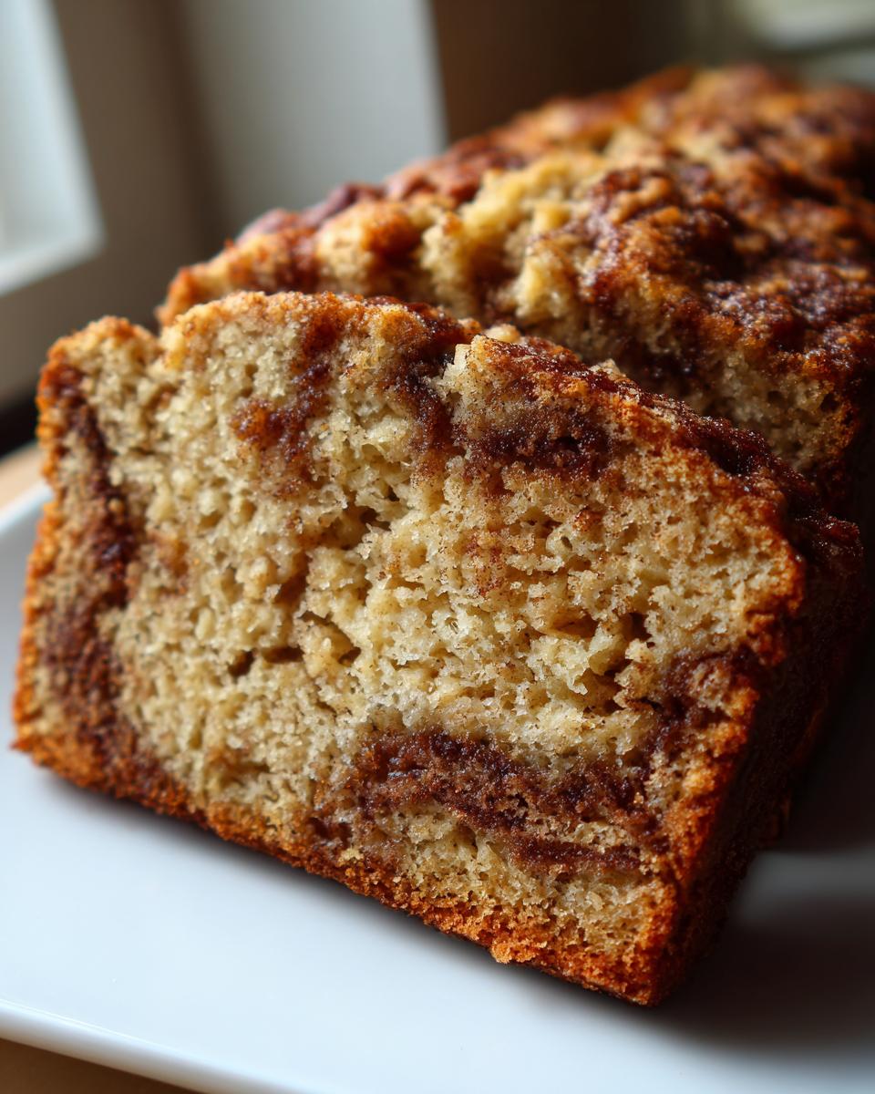 Close-up of moist apple bread slices showing a rich cinnamon swirl throughout the crumb.